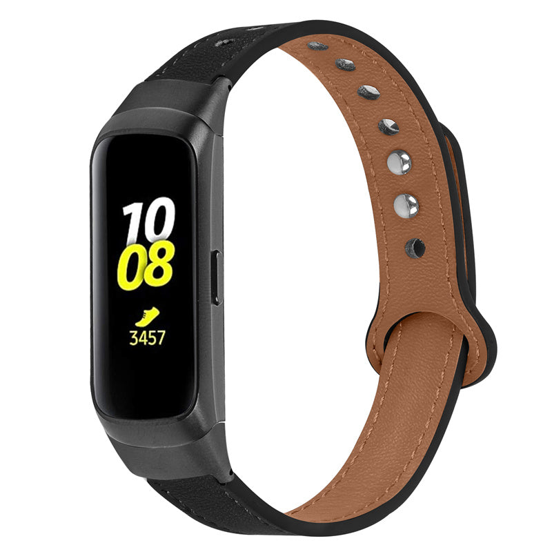 For Samsung Galaxy Fit SM-R370 Soft Top Layer Cowhide Watch Strap Double Rivet Design Wrist Band Black Connector For Samsung Galaxy Fit SM-R370 Soft Top Layer Cowhide Watch Strap Double Rivet Design Wrist Band Black Connector